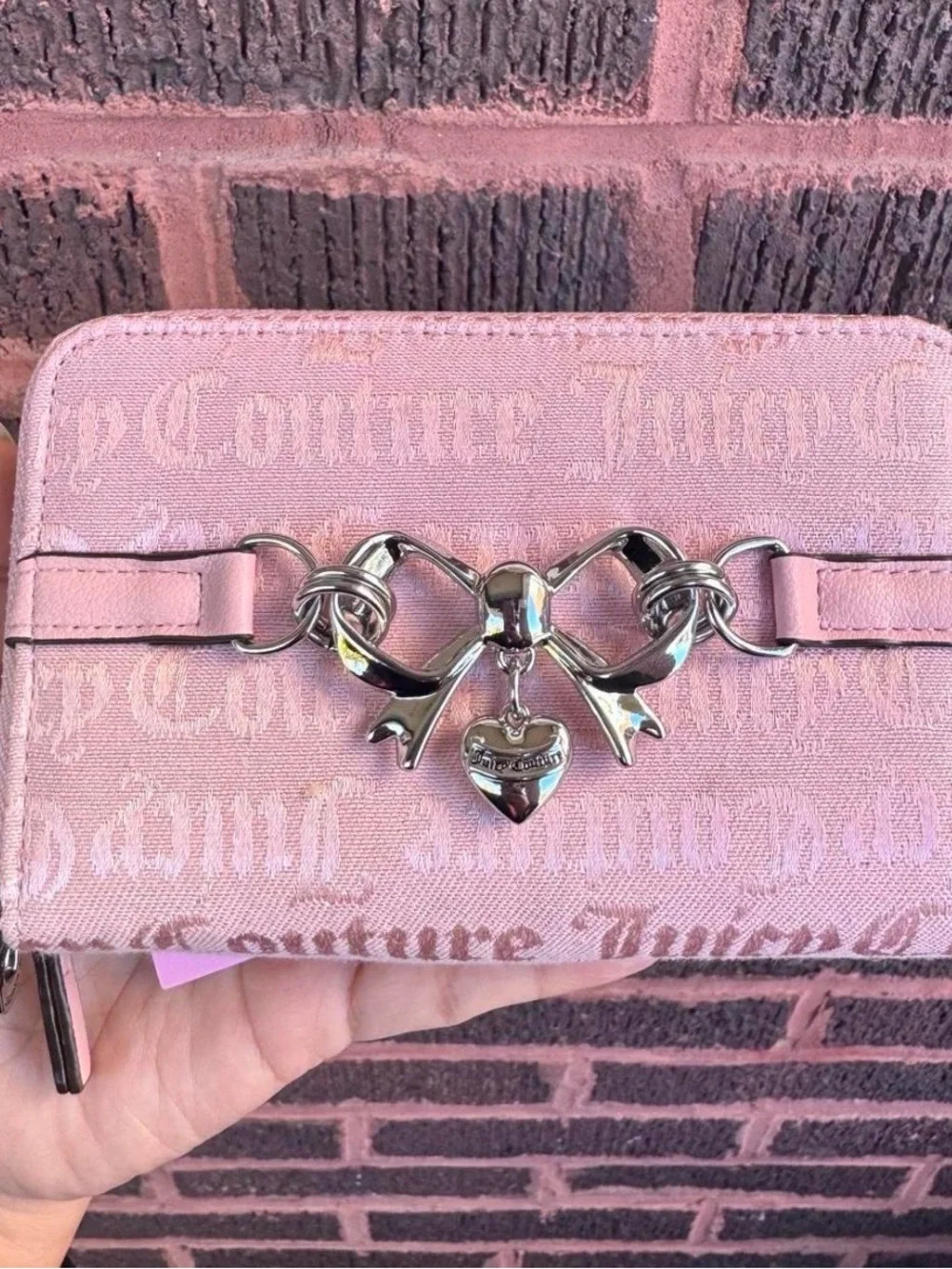 Juicy Couture Light Pink Bow Heart Zip Wallet with Silver Hardware